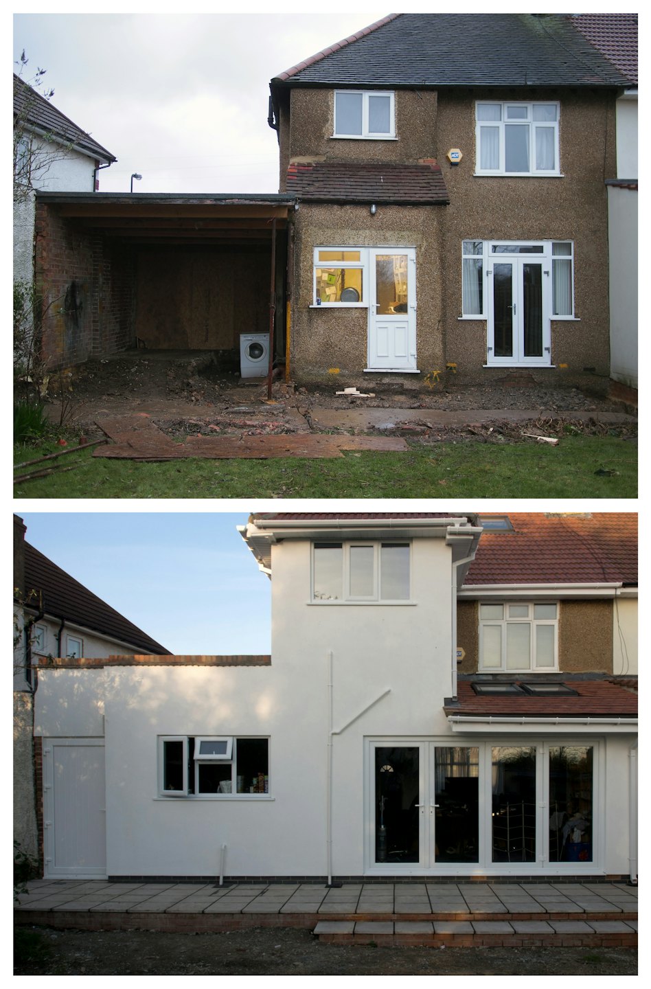 Before and after comparison of a residential house renovation.